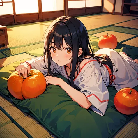 kotatsu、70s female、40-year-old male、fruit｛mandarin orange、apple｝autumn、Japanese-style room、high quality