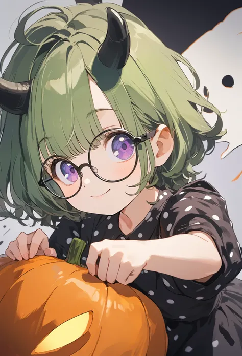  1 girl(cute, beautiful girl、 White skin, 青White skin,(wear ((Simple)) ((Orange And Black Polka Dot Dress )), (Background Black)((Ghost Town))( pumpkin lantern)、 upper body(wear black glasses:1.4), (((purple eyes))), Black Boots, Green Hair, bangs,  short ...