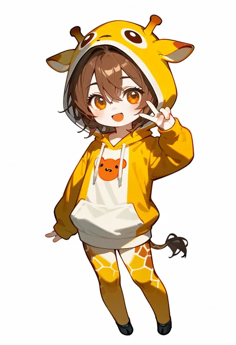 Score_9,Score_8_Superior,Score_7_Superior,a girl,Brown hair,Alone, giraffe hoodie , Chibi,bangs,Blush,smile,standing,Full body,poses,Open your mouth,Personal audience ,wearing a giraffe hood,Langarm, hair between eyes , giraffe hand puppet in one hand, whi...