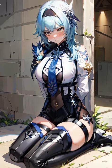 (masterpiece, Best Quality, Best Quality, Official Art, Beautiful and aesthetic:1.2),(8k, Best Quality, masterpiece:1.2), There is a woman sitting in a box filled with money and diamonds, ((((Hands tied behind her back)))), (( cross your arms behind your ...