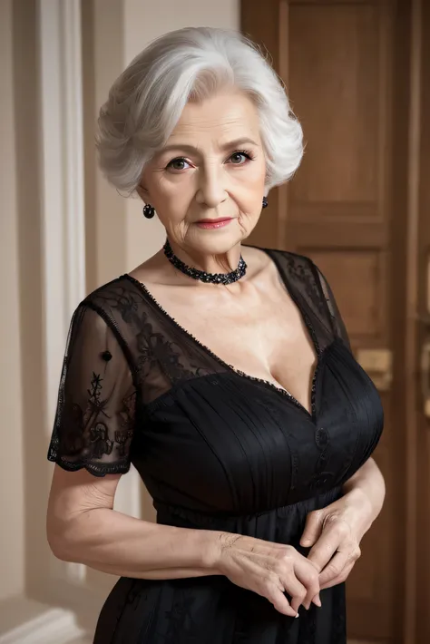 repay, masterpiece,  high res, Realistic, RAW Photos, 8K wallpaper, perfection, Professional Lighting,   very detailed, ((Beautiful old lady)), 80 years old, Sexy old woman, ((Sexy black mini dress)), ,   upper body, (( Gazing at the viewer &#39;eye)), Detailed face, Beautiful eye, ((I&#39; I'm looking forward to it )), In the stylish dining room, sunny, bangs, Shapely breasts,   short bob hair, Plump and glossy lips,   cowboy shot, ((  place your arms between your legs))