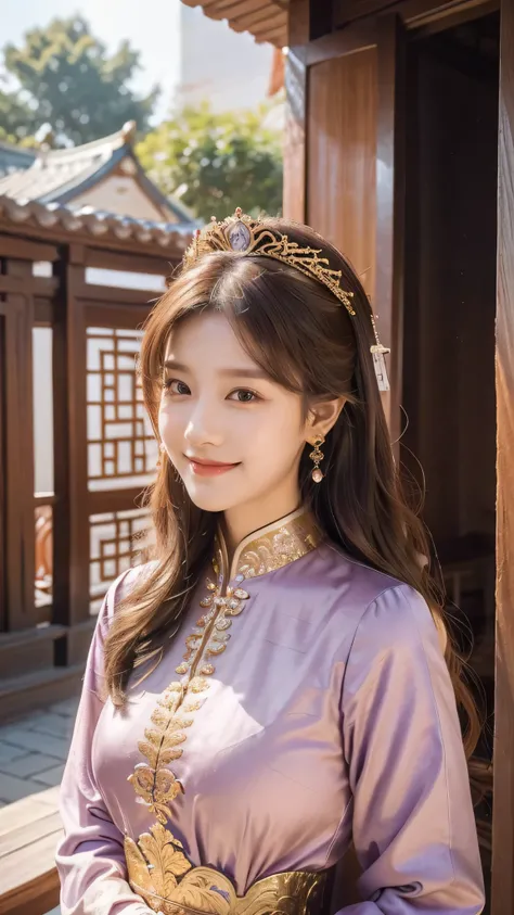 best quality, masterpiece, brown hair, gold eyes, purple clothes, , upper body,Fair skin, long wavy hair  Chinese wooden architecture behind, sunlight falling on her , closed mouth, smiling, drunk blush, looking at viewer , cute poses , queen 👑, Korean thr...