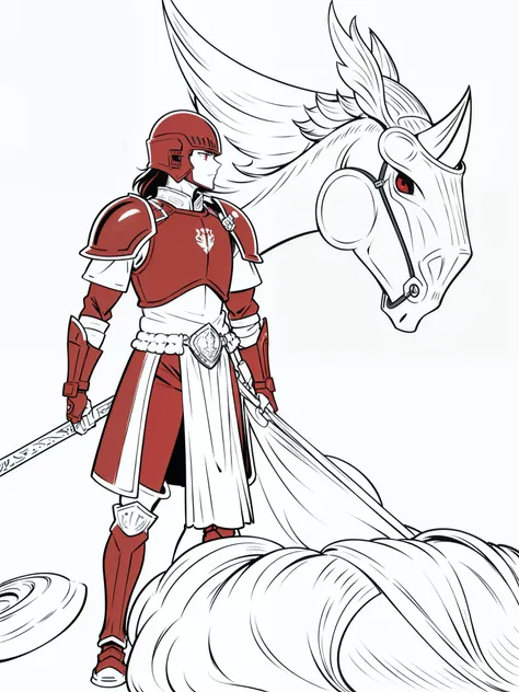 1 knight,solo,red armor,red helm, profile, crouched,(white background,line drawing),from back
