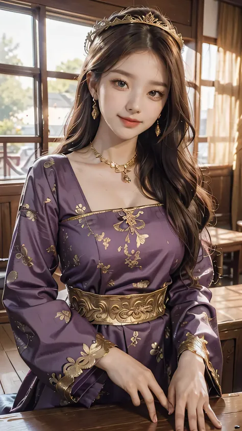 best quality, masterpiece, brown hair, gold eyes, purple clothes, , upper body,Fair skin, long wavy hair  Chinese wooden architecture behind, sunlight falling on her , closed mouth, smiling, drunk blush, looking at viewer , cute poses , queen 👑, Korean thr...