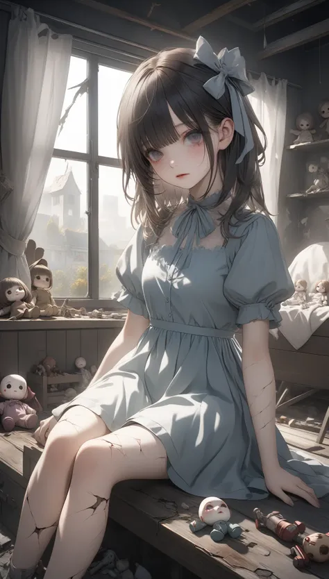 A girl with cracked porcelain skin, resembling a haunted doll, sitting in an old nursery with broken toys and tattered curtains. (perfect anatomy), ((32k)), ((best quality)), ((ultra high res)), ((HDR)), ((UHD)), ((extremely detailed CG)), ((unity 32k wall...