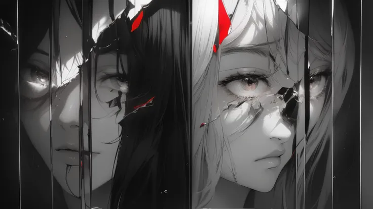 black andwhite，Absolutely beautiful woman，Bust，Broken mirror，Black and white splitting，Red tears，Black and white painting，Broken，sublevel，Black and white，Eroded by darkness and light，symmetry