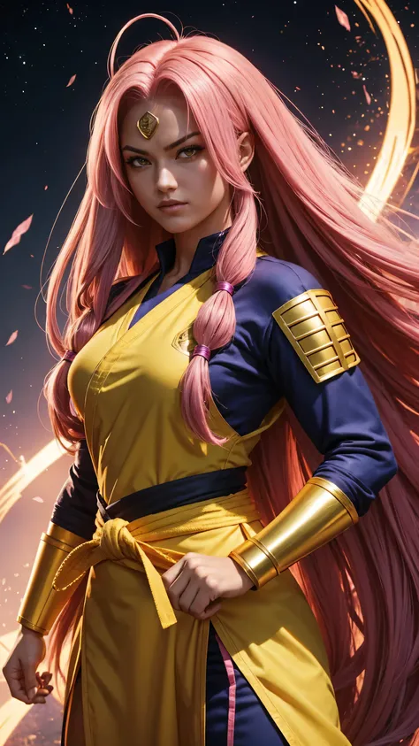 A Saiyan warrior woman with long pink hair with yellow eyes wearing a golden gi in dc comics style 