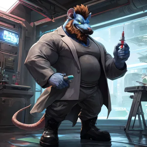 an anthropomorphic badass mad scientist rat (realistic, detailed, american shot, aesthetic physique, aesthetic proportions, 1 me...