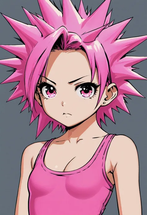 generates a real front image of a teenage Korean girl with short, spiky hair, some pink locks and metal style, small breasts, cleavage, tight pink tanktop
