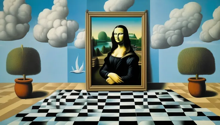 René Magritte Style - A painting in the style of René Magritte on a checkerboard with the Mona Lisa in the background 
