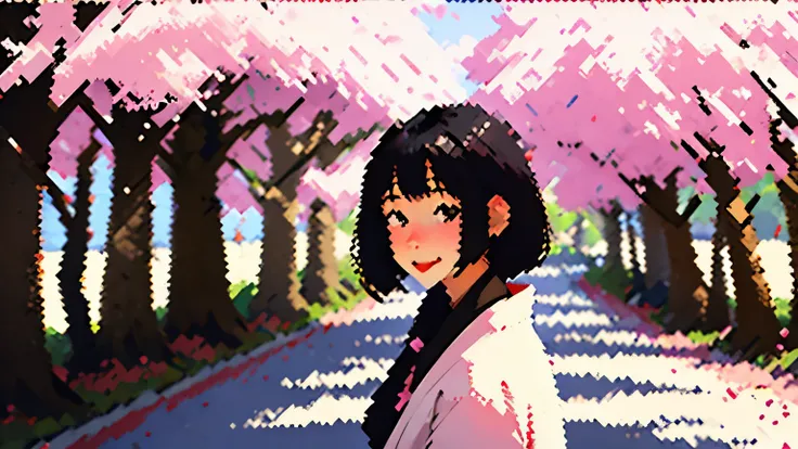 anime girl surrounded in sakura trees in japan smiling in front of the camera. black hair, front-facing, very attractive.