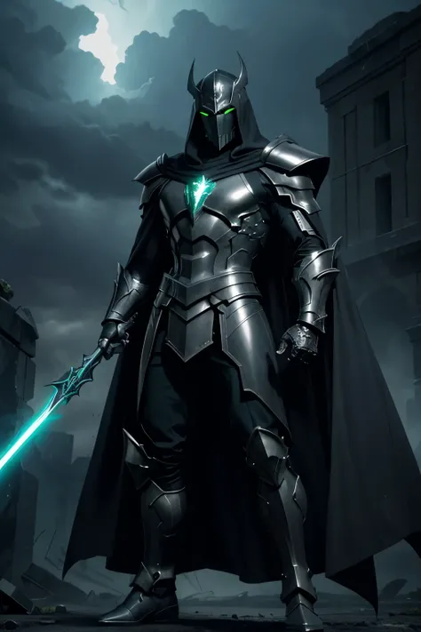 A powerful and menacing supervillain, standing in full-body view, wearing a dark, imposing suit of armor reminiscent of medieval knights, with a futuristic twist. The armor is metallic and battle-worn, in dark steel and gunmetal shades, with glowing green ...