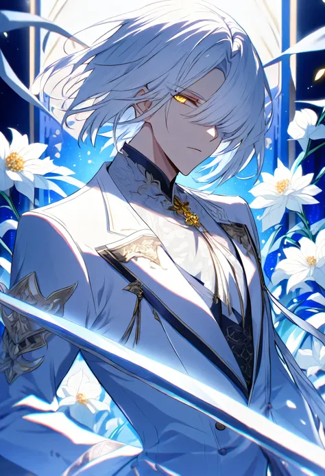 solo, handsome, 1 male, white suit, short hair, white hair, straight hair, right eye covered by bangs, yellow eyes, white flower, blue light, white sword