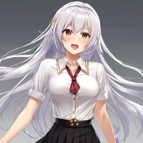 ((masterpiece, best quality)), (1girl), (solo), (female focus), (ahoge, white hair, very long hair), gold eyes, light smile, open mouth, ((white shirt), (buttoned shirt), (button gap)), ((black skirt), (short skirt)), standing, white background, arms behin...