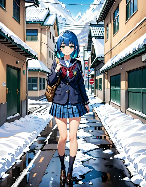 best quality,ultra high res,1girl,solo,full body,snow,city,, blue hair,green eyes,jk,school uniform,