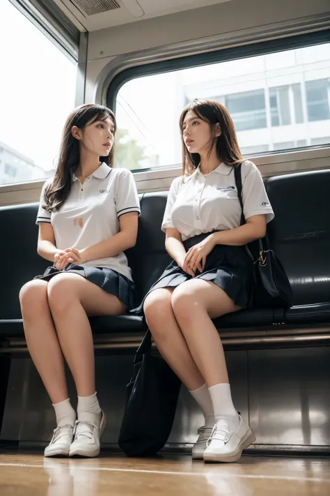 heavy rain, soaking wet, long hair, bangs, (two girls:1.2), skirt, brown hair, shirt, black hair, short sleeve, brown eyes,  lon...