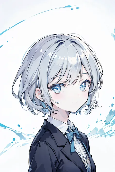 line of drawing, best quality, masterpiece, detailed, 1 girl, solo, gray short hair, blue eyes, looking at viewer, smile, closed mouth, upper body, wearing suit