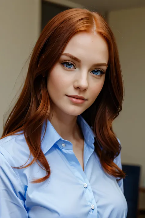 Very hot young white woman with long red hair and blue eyes wearing formal blue and white work clothes 