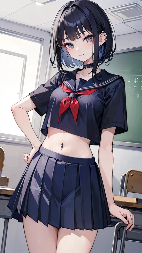 ((masterpiece、Best Quality、 very detailed))、One Girl、Black Hair、(( TWO SIDES UP))、blunt bangs、Grey Eyes、evil smile、((lots of piercing))、((Small breasts))、((school uniform))、Short sleeve、belly button、(( navy blue pleated skirt))、 cowboy shot、 classroom back...