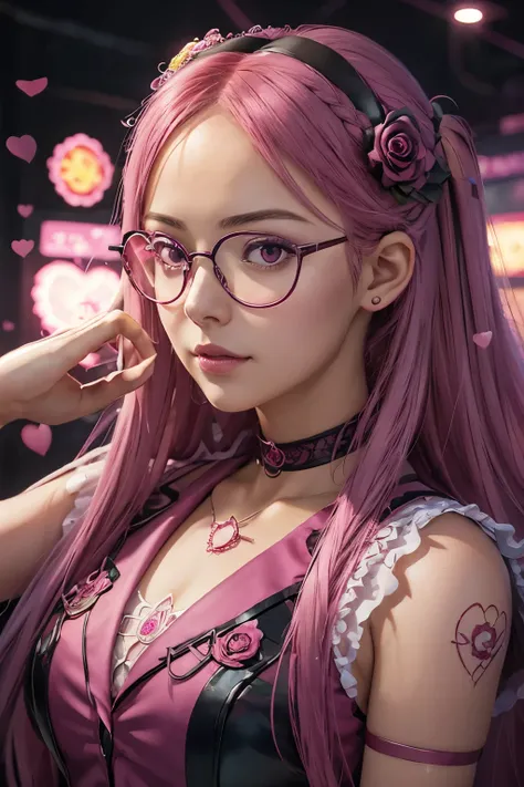 close-up of a woman with rosa hair wearing glasses,  artwork in guvez style  , guvez , realistic kawaii portrait, inspired by se...