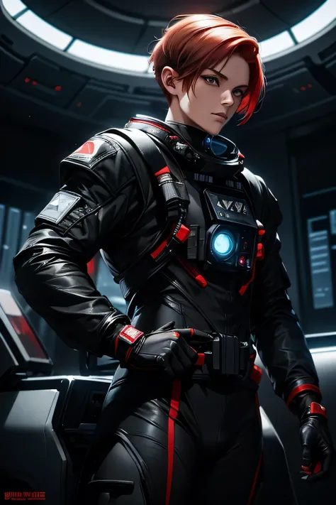  Perfect Anatomy　Best Quality, highest resolution ,(((Black space suit　Red Hair　Short Hair)))　unlimited routes　Space Opera　Spaceship　cockpit　fighter