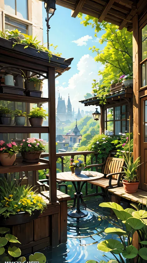 (micro landscape:1.5),(best quality), ((masterpiece)), (high resolution), illustration, The original, Very detailed wallpaper, No human, window, landscape, plant, water, potted plant, outDoors, architecture, Door, house, flower pot, sky, lily pad, Chair, f...