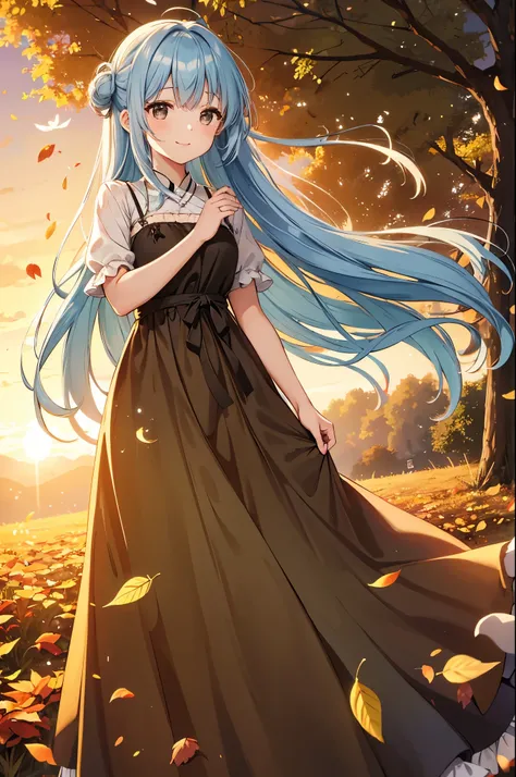  brown and yellow long dress  　 cute girl 　long light blue hair 、Charming smile　 black eyes　  photo with partially fallen leaves fluttering　 the sunset is shining 、 dress and hair fluttering in the wind 　Facial highlights