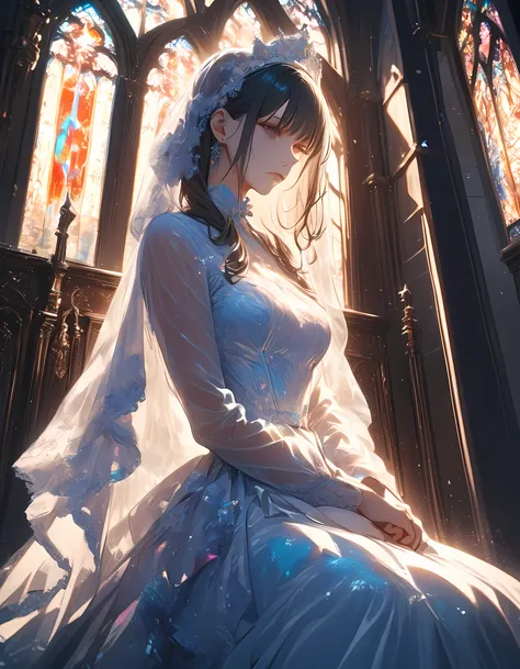 a picture of a bride siting alone near the altar after her groom left her, she is wearing a brides white dress, intricate dress, high heels, churchs altar background, the church is empty, sunset sunrays coming through the stained glass windows, a sense of ...