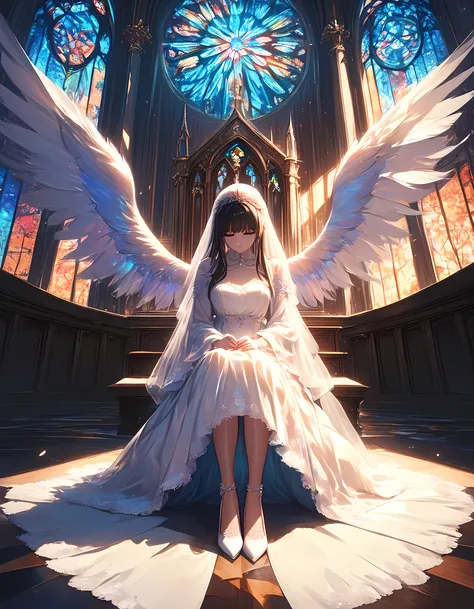 a picture of a bride siting alone near the altar after her groom left her, she is wearing a brides white dress, intricate dress, high heels, churchs altar background, the church is empty, sunset sunrays coming through the stained glass windows, a sense of ...