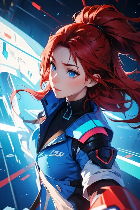 futuristic anime female with red hair and blue clothing