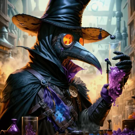 manic male plague doctor in a metal crow mask, large wide brim hat partially covers his face, leather steampunk attire, long bla...