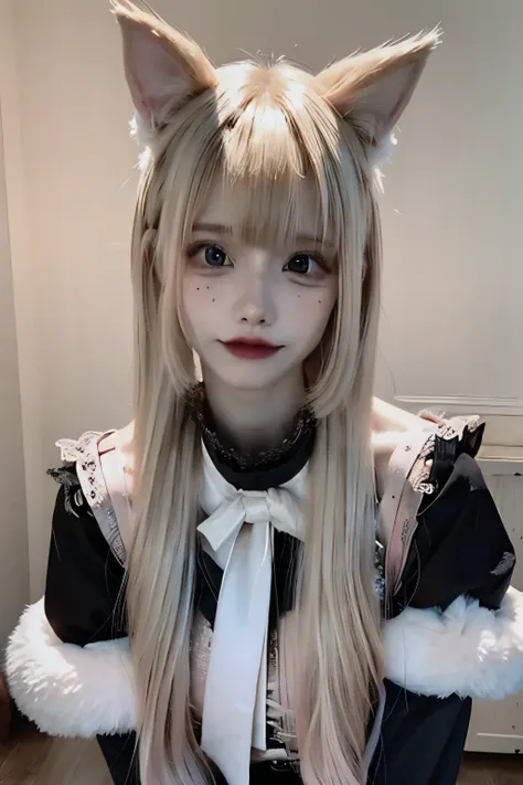 (Best Quality, 8K, 32K, Masterpiece: 1.2), (High Resolution), (8K), (High Resolution), Cat, Costume, Cat Ears Cosplay, Lolita, Sharp Focus: 1.2, Photo Quality, Korean and Ukrainian Half Korean, 80% Korean, 18 years old, freckles on face, aquiline nose, (bl...