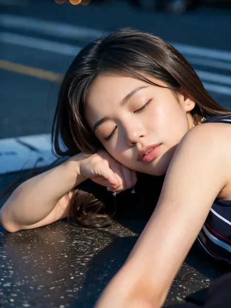 (Best-quality, Masterpiece, Ultra-High-Resolution, (Photorealistic:1.4), Raw Photo, depth of field, professional lighting, perfect anatomy, extremely details), 1girl, 15-years-old, the most famous Japanese idol, ((((lying on street in midnight, sleeping)))...