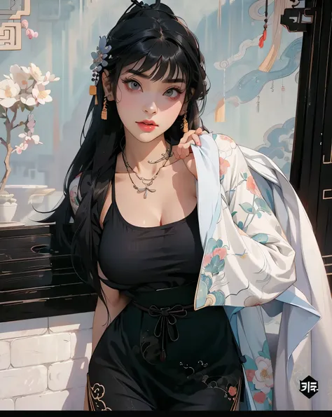 a close up of a woman wearing a black top and a denim jacket, she has black hair with bangs, ulzzang, she is wearing a black tank top, korean girl, photo of slim girl, gorgeous young korean woman, photo of slim girl model, cruel korean goth girl, long blac...