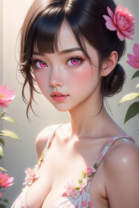 A young japanese woman, beautiful detailed eyes, beautiful detailed lips, extremely detailed eyes and face, long eyelashes, woman wearing a flowery dress, pastel painting oil stick painting, thick coating, texture, inspired by the illustrative style of fre...