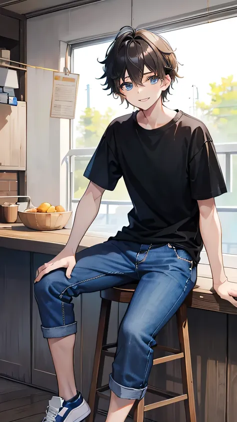 15-year-old boy with light brown skin. Light eyes. Short, disheveled black hair. Loose black shirt. Water-colored blue jeans. Tennis shoes. Smiling. Sitting on a stool.