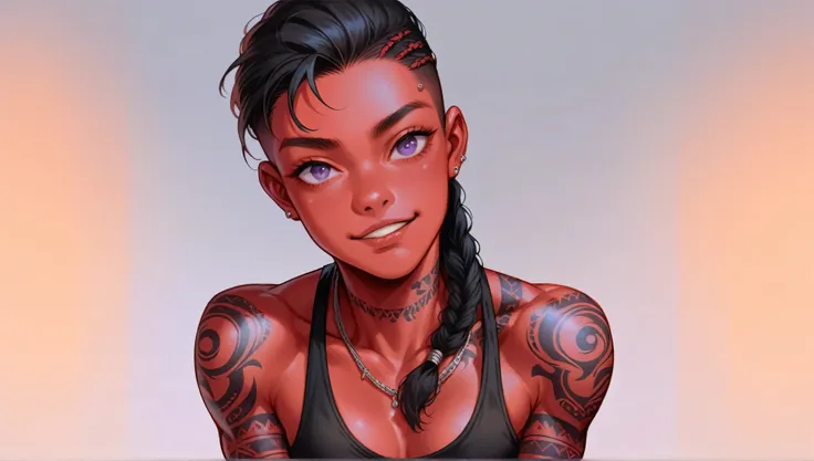 Yusuke Murata style, comics style,young woman with red skin but black hair cut in a braided bob ,african braid,and purple eyes puts on a streetwear , athletic, black top tank , street tattoos. smiled , athletic body, muscular developed