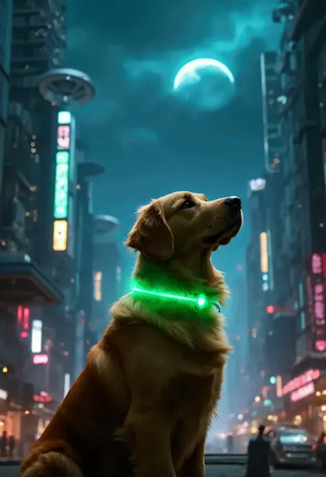 Well-groomed adult golden retriever　Wearing a green luminous collar　Im stopping and looking up at the sky　The background is a cyberpunk cityscape at night