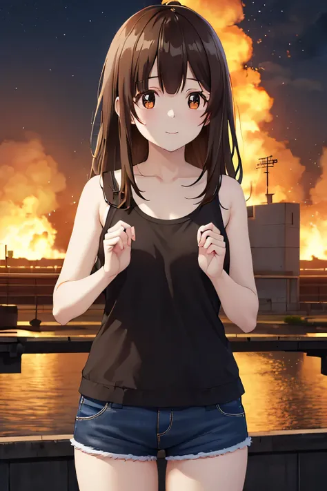 the savior, Sayu Ogiwara, long hair, bangs, brown hair, (eyes:1.5), Mid-chest、smile,Turn around and show your butt、 black tank top、Sexy black shorts、BREAK FENCE WITH A Pistol,Building on fire、at night、 explosion military base in flames、big explosion BREAK ...