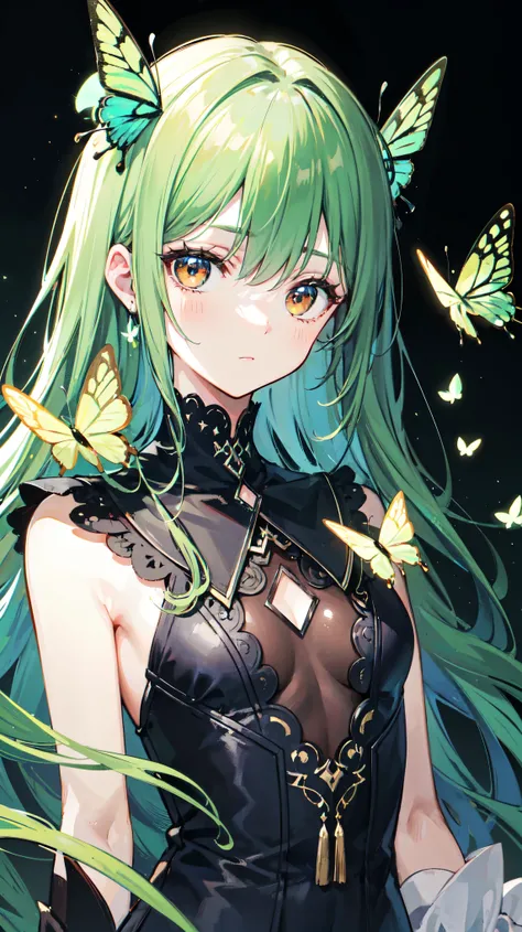 (masterpiece, best quality), high resolution, distinct image, close-up of left eye, brown eye with a small green dot, (green butterflies figure), dark background, official art, metallic portrait