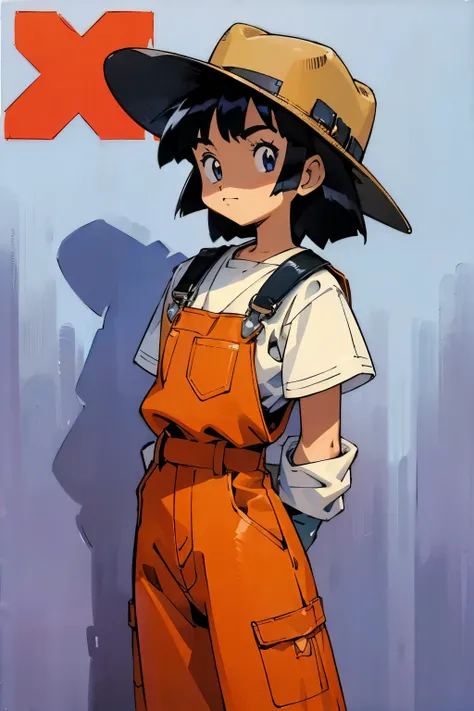 by Ken Sugimori, sugimori 1990s, ((only 1 girl)), tanned skin, large gloves, cowboy hat, overalls, ((hands behind their back)), full black pupils, manga, best quality, highly detailed, clean lines, cowboy shot, good hands, good eyes, hd, 8k, professional, ...