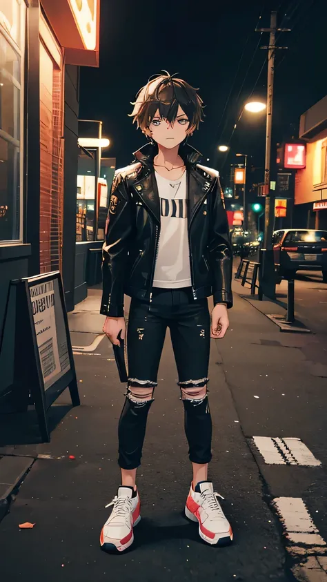 15-year-old boy with light brown skin. Short, disheveled black hair. Light eyes. Serious look. Black leather jacket. Black ripped jeans. Tennis shoes. Outside a bar at night. Neon lights.