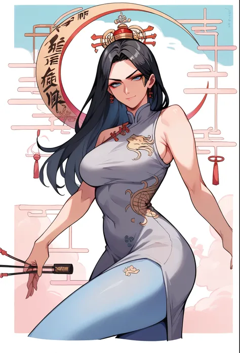 1 woman, mature, blue eyes, Asian, oriental, Black hair, long hair, oriental crown,, empress, grey dress with blue dragon print,Blue leggings  smiling, Serious face,