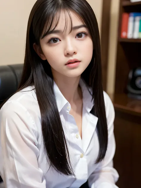 (Best-quality, Masterpiece, Ultra-High-Resolution, (Photorealistic:1.4), Raw Photo, depth of field, professional lighting, perfect anatomy, extremely details), (1girl, ((15-years-old)), the most famous Japanese idol), (sitting on desk in office-room), (((w...