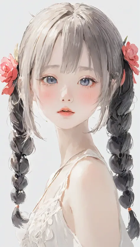 White background、anatomy、７Head and body、Small Face、  beautiful eyes down to the smallest detail、Black Lips、Detailed eyes and face、Long eyelashes、1 girl、 pottery skin、Soft and delicate characteristics、 short twin tail 、Depression、Graceful posture、Natural Li...