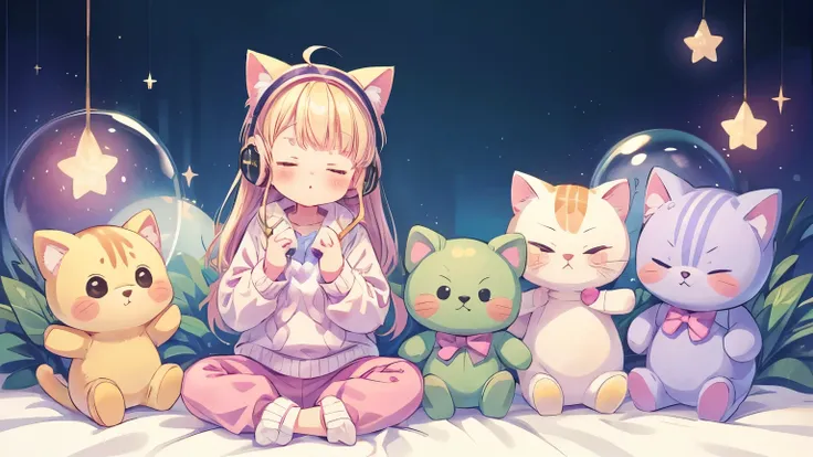 Cat Girl, Alone, gloves, Lightweight clothing, pants, sweater, socks, slippers, Pastel colors, (purple, green, pink, yellow), Cozy, star, stickers, Bubble, Sparkling, Shine, stuffed toy, headphone