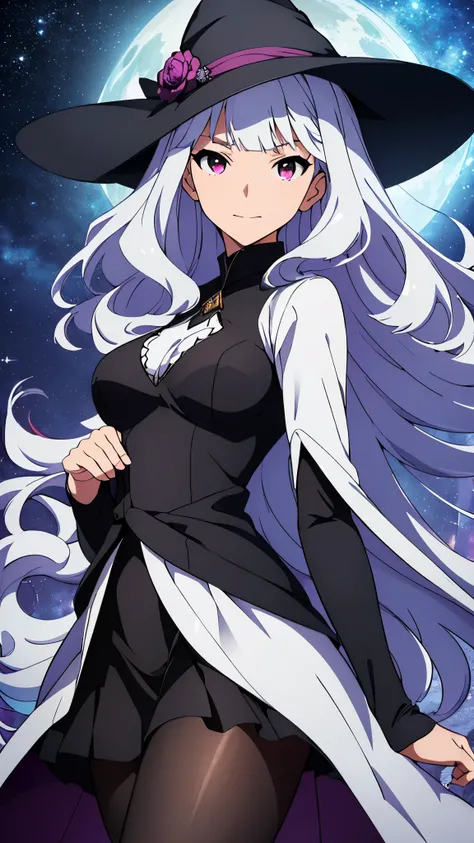 beautiful woman, witch, takane shijou, long white hair, white skin, looking at the viewer, black dress, (black pantyhose: 1.2), feminine, full body, she is floating in the sky, put her index finger on her lips, (Spectacular starry sky with the Milky Way vi...