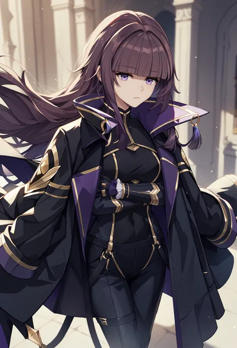 eta, purple hair, blunt bangs, long hair
black coat, coat on shoulders, black bodysuit, gold trim, black gloves, black pants