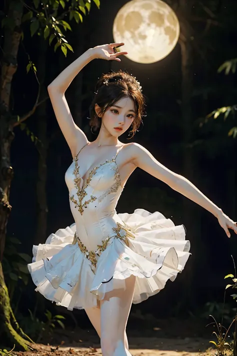 神秘的な湖の上でmoonlightを浴びて優雅にBalletを踊るプリマドンナの少女、Arabesque Pose、、1 girl、(A gorgeous and delicate white tutu)、 Braided Hair、Black Hair、Beautiful legs、Ballet トウシューズ、whole body、From below、Ballet、Swan Lake、Forest Lake 、moonlight、 Fantasy 、 dramatic lighting 、Glitter...