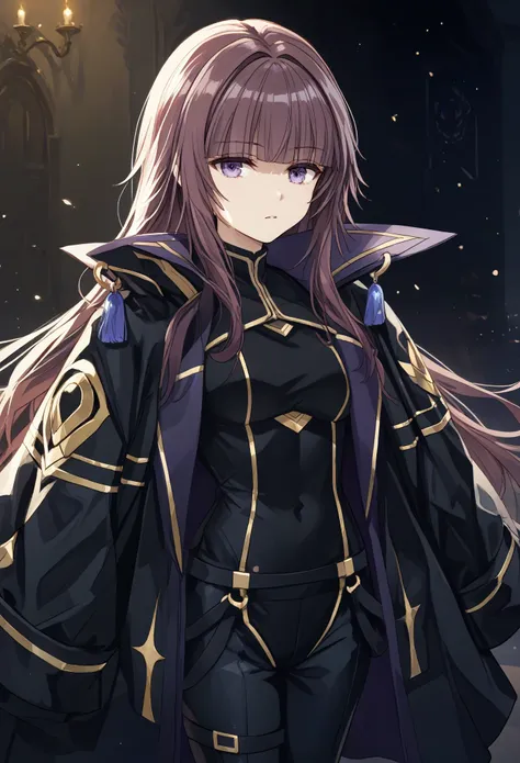 eta, purple hair, blunt bangs, long hair
black coat, coat on shoulders, black bodysuit, gold trim, black gloves, black pants